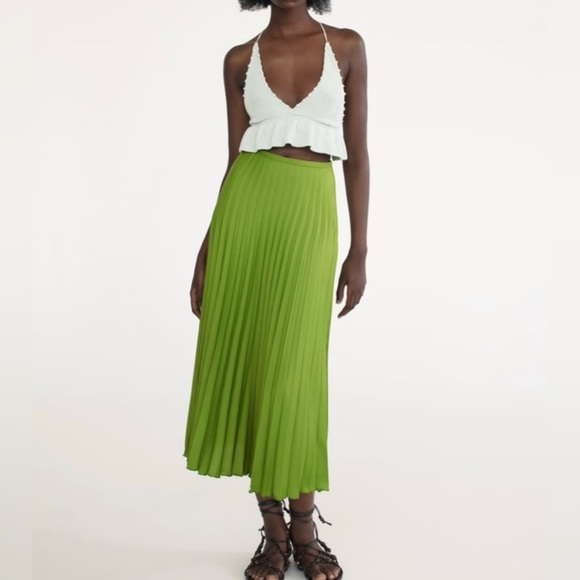 Zara Dresses & Skirts - Zara High Waisted Lime Green A-Line Pleated Midi Skirt Size XS